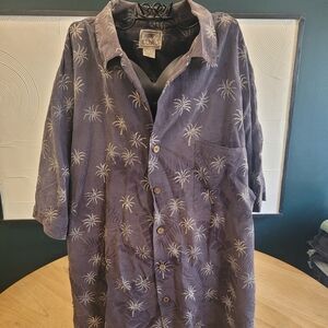 Luau Hawaiian Style Button Up Down Shirt Palm Tree Print Large L 100% Silk Blue